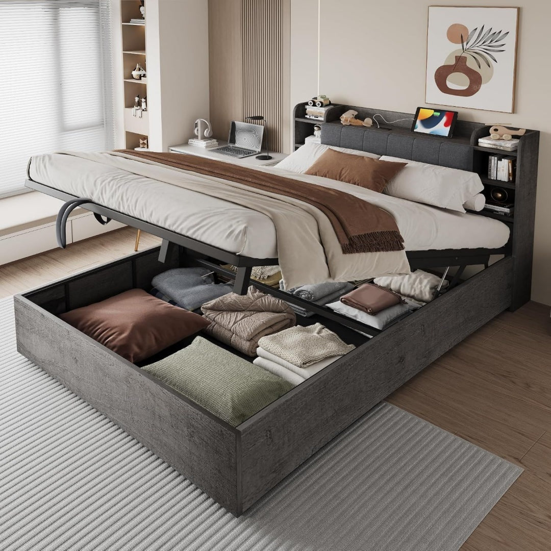 Bett fuer Schlafzimmer drehbar mit Stauraum grau